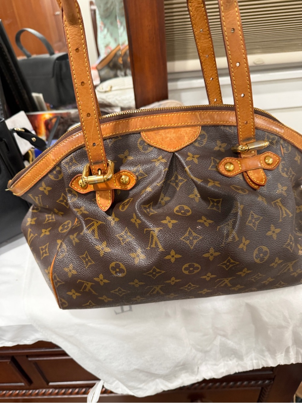 Louis Vuitton Brown Monogram Shoulder Bag with Tan Trim